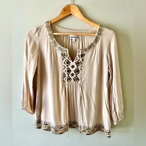 Lady Dutch Taupe Beaded Peasant Blouse 3/4 Sleeve Women's Small -Boho Festival